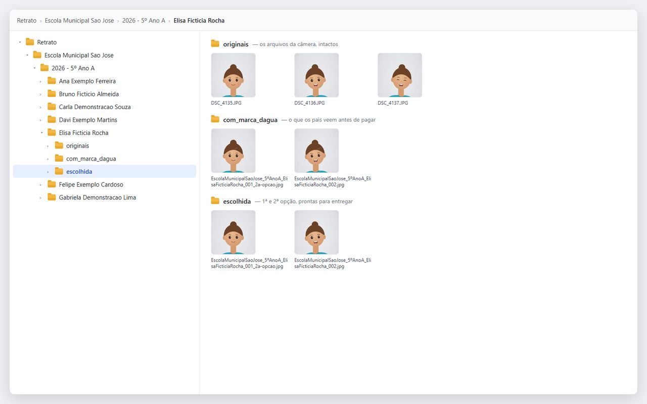 Pastas no Windows, uma por aluno, com os arquivos de foto já nomeados.
