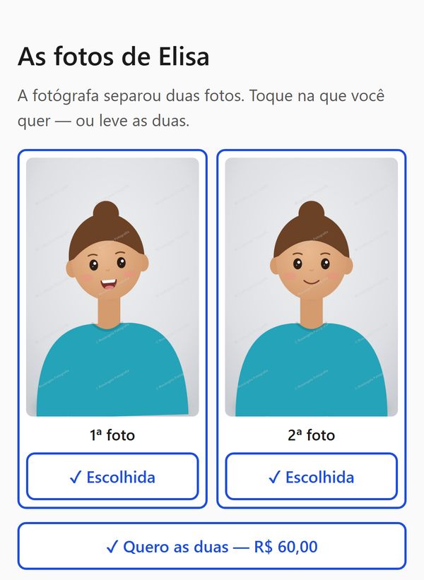 Portal dos pais no celular: as duas fotos da aluna com marca d'água, a opção de levar as duas e o botão de pagar com Pix.