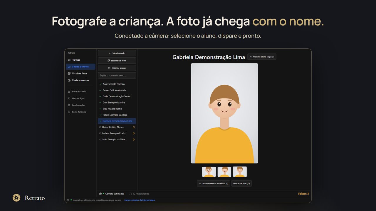 Tela de sessão de fotos: lista da turma, foto da aluna selecionada e contador de quantos faltam.