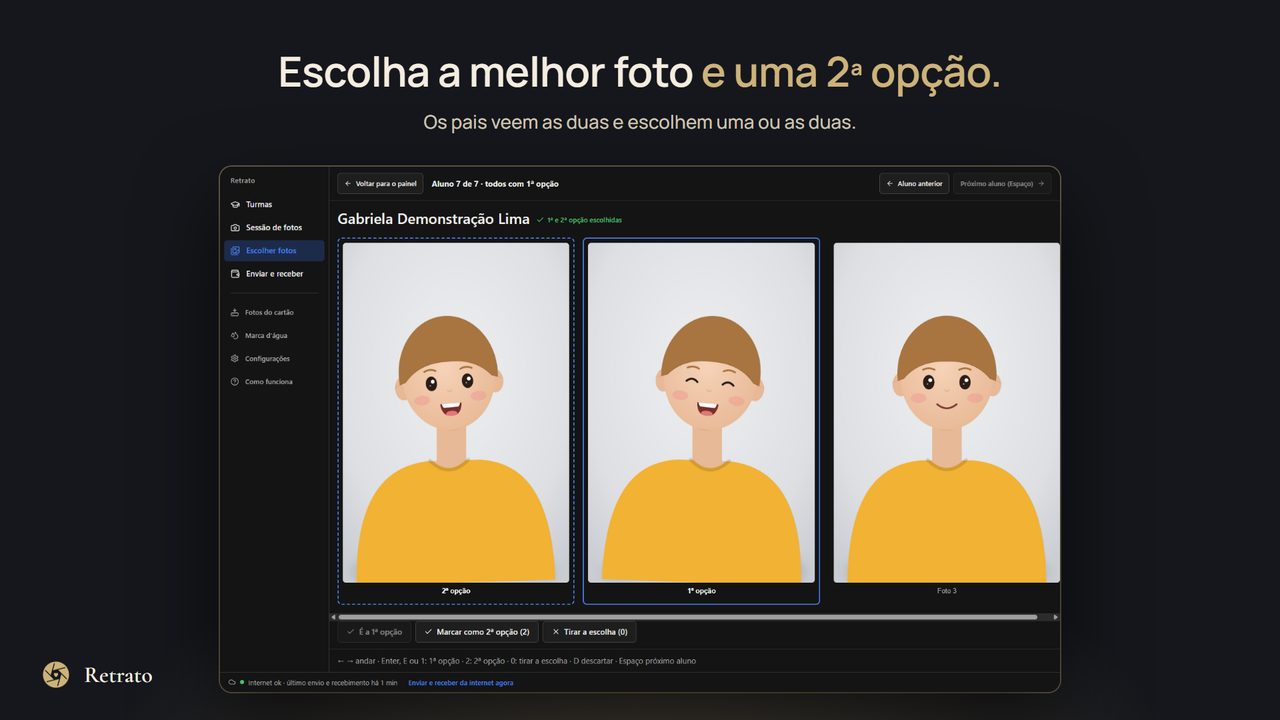 Tela de escolha das fotos de um aluno, com as fotos lado a lado e a escolhida marcada.