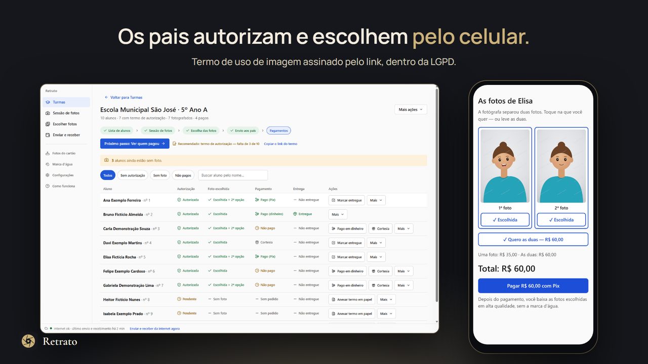 Painel da turma no computador e, ao lado, a tela do celular onde o responsável vê as duas fotos com marca d'água e escolhe.