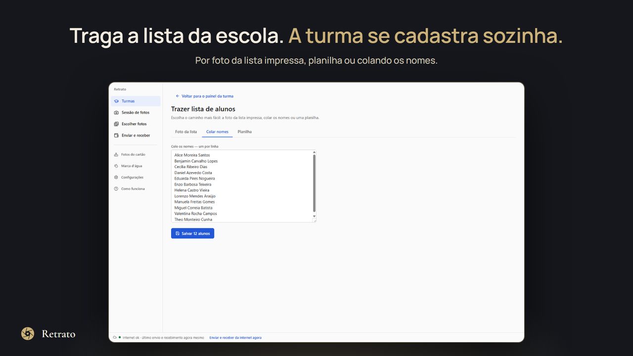 Tela de cadastro da turma a partir da foto da lista impressa, com os nomes reconhecidos ao lado para conferência.