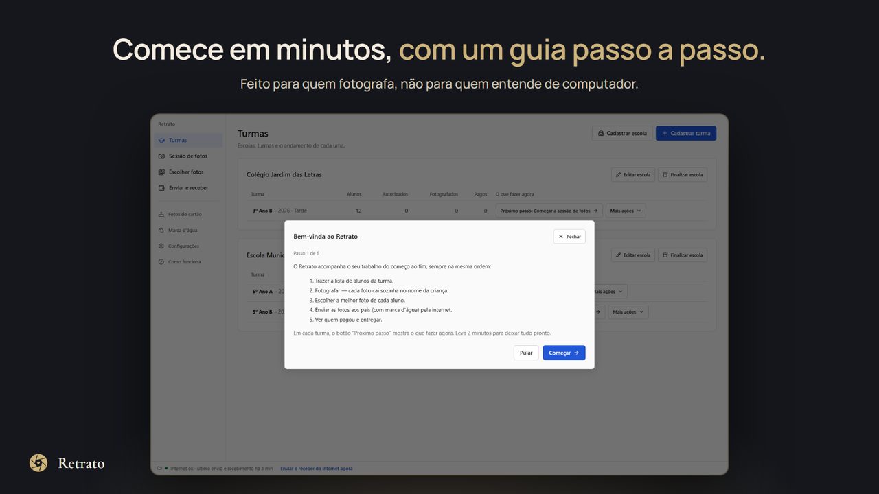 Guia de primeiro uso do Retrato, com os passos para configurar a câmera e cadastrar a primeira turma.